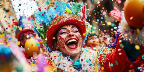 A joyful carnival with confetti, bright costumes, and enthusiastic participants