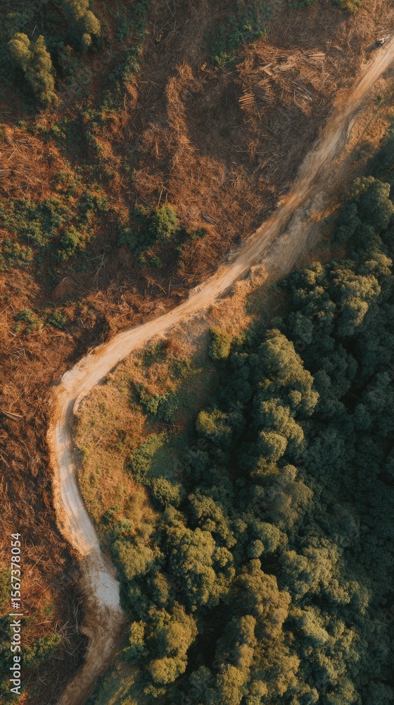 Poster Professional Aerial View of Deforestation and Forest Road Clearing Authentic Environmental Impact for Corporate Forestry Marketing and Editorial Use