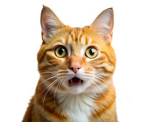 Obraz premium Close up of an orange tabby cat with wide eyes and an open mouth isolated on white background