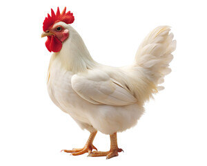 A white rooster with a red comb and wattle standing proudly isolated on white background
