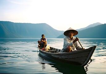 batak fisherman and son in traditional boat on lake toba