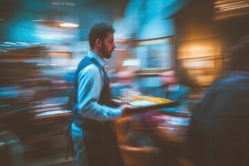 Caucasian male waiter serving in busy restaurant with motion blur.
