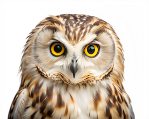 Close up of a short eared owl with bright yellow eyes isolated on white background