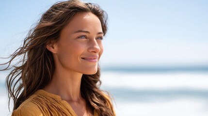 Smiling young caucasian female enjoying sunny beach day.