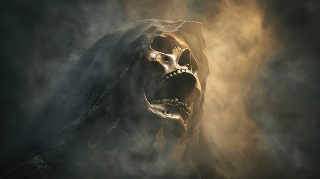 Terrifying hooded skeleton surrounded by eerie smoke and dramatic lighting, perfect for spooky Halloween banners or horror-themed designs. - Powered by Adobe