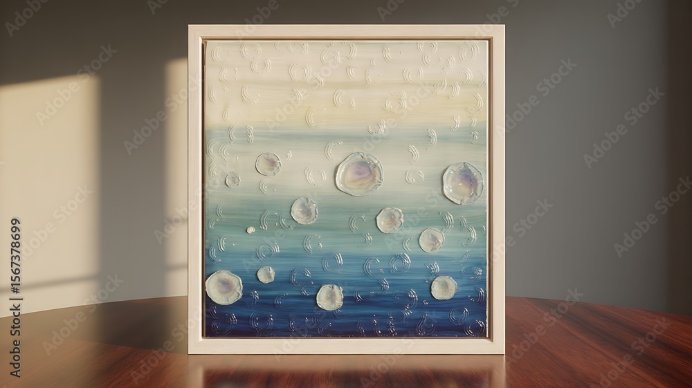 Poster textured abstract painting with circular forms and oceanic hues image