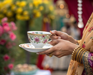 young woman with cup of tea, cup of tea with flowers, Elegant Floral Tea Cup in Garden – Aesthetic Hand with Bangles and Spring Blossoms  ,cup of tea with flowers