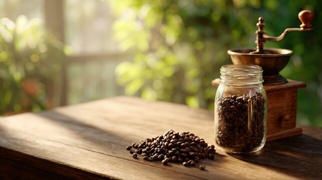 Fresh coffee beans in glass jar beside antique manual coffee grinder on wooden table