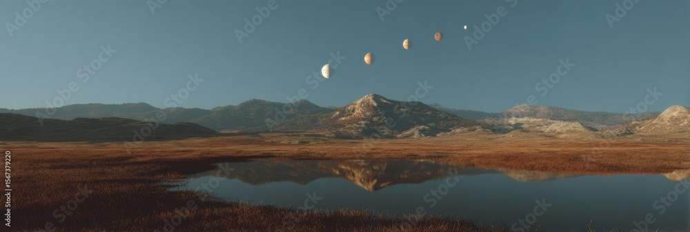 Aufkleber Seven Planet Alignment Over Mountain Landscape at Dusk with Reflective Water for Inspiring Skywatching and Event Promotion