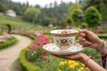 young woman with cup of tea, cup of tea with flowers, Elegant Floral Tea Cup in Garden – Aesthetic Hand with Bangles and Spring Blossoms  ,cup of tea with flowers