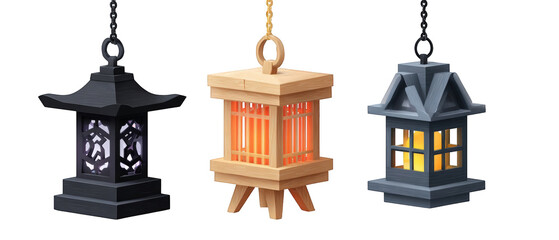 Three decorative lanterns in various styles and colors, hanging against a neutral background