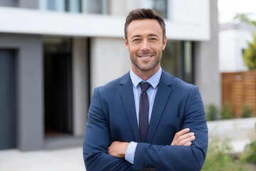 Fototapeta premium Confident young caucasian male professional in business suit outdoors.