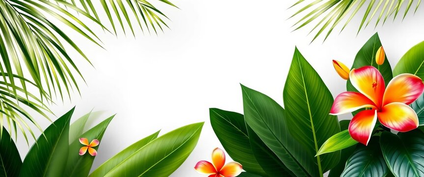Modern tropical border of palm leaves and frangipani flowers, vibrant color, exotic, tropical