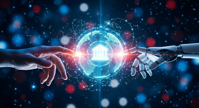 Symbolic representation of human and artificial intelligence connecting with a bank.