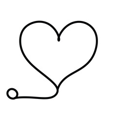 Black heart shape made of yarn trail on white background