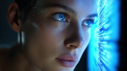 Quantum AI development inspires futuristic human face with glowing blue eye reflecting digital light close up portrait connection - Powered by Adobe