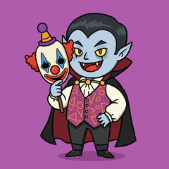 Cartoon vampire with blue skin, sharp fangs, and a red cape holding a colorful clown mask.