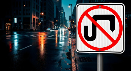 Forbidden Turn Around On A Rainy Urban Street At Night Cityscape