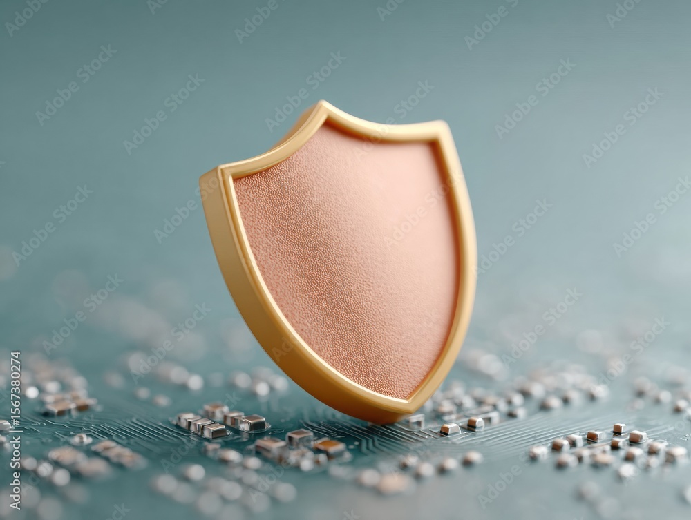 Aufkleber Digital cyber security shield icon on electronic circuit board representing encrypted transmission and modern protection against cyber attacks in tech industry