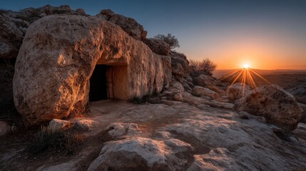 Empty tomb at sunrise with rolling stone and sunbeams