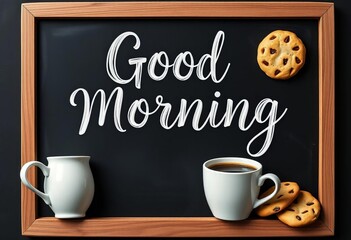 Vintage hand-lettered "Good Morning" on black chalkboard with coffee & cookies,  coffee cup,  home