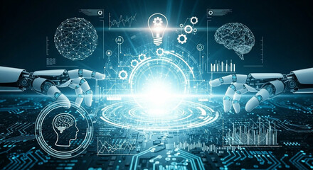 Robotic hands interacting with a digital interface, showcasing artificial intelligence and technology.