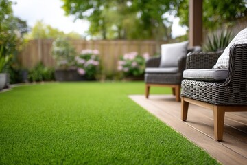 Obraz premium Peaceful outdoor patio with wicker furniture and lush green lawn in backyard.