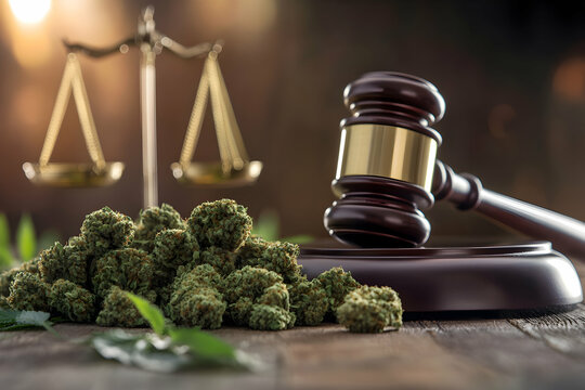 Marijuana Legalization, Justice Scale, Gavel on Wooden Table, Cannabis Industry and Law, Legalization Debate, Justice System, Regulation
