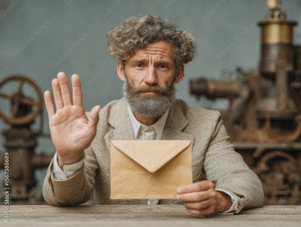 Poster professional businessman rejecting bribery envelope with raised palm gesture authentic corporate int