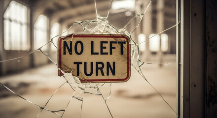 No Left Turn Sign Through Broken Glass In Abandoned Urban Setting