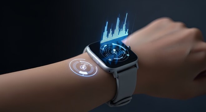 Modern smartwatch displaying innovative technology on a wrist shows progress and connectivity with data analytics.