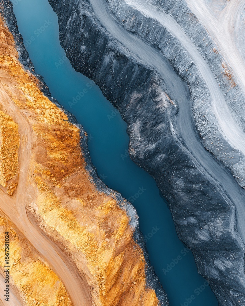 Poster High-Quality Aerial View of Open-Pit Mining Operation with Terraced Extraction for Industrial Resource Development and Professional Marketing Content