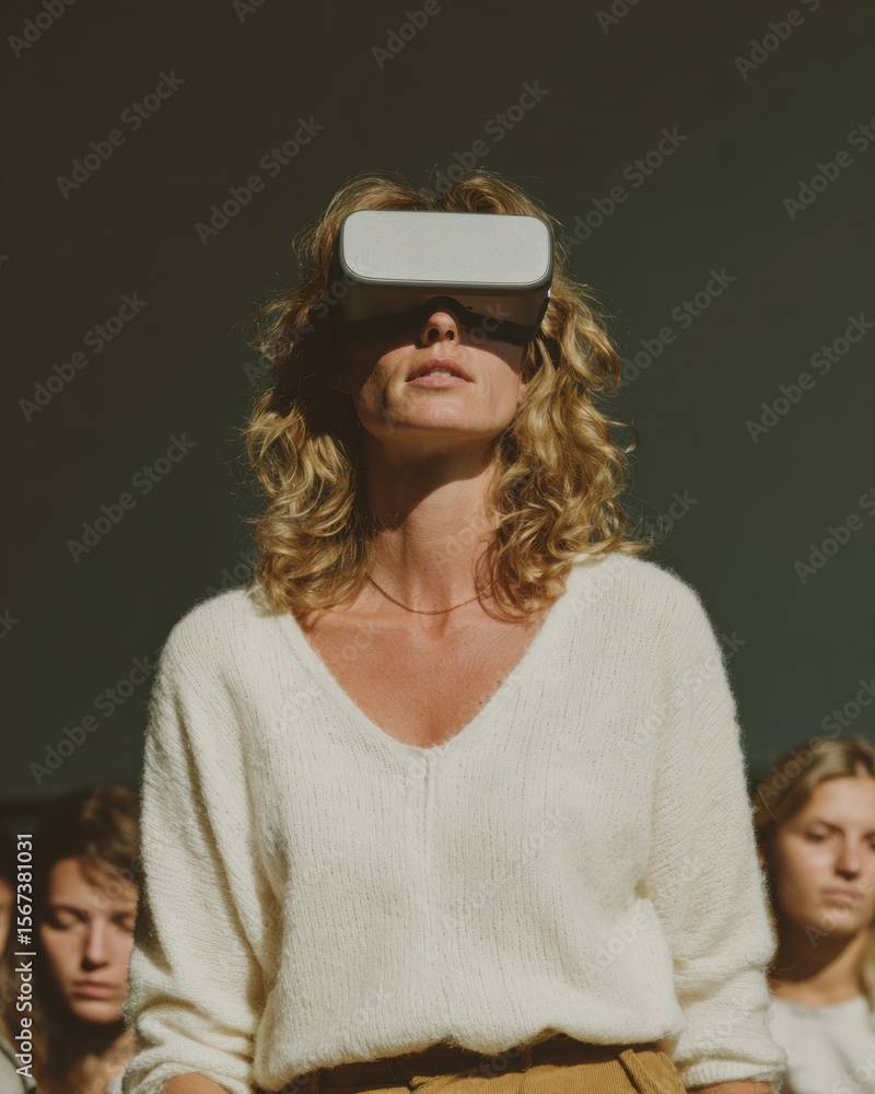 Poster modern university professor using virtual reality headset for immersive education professional high-