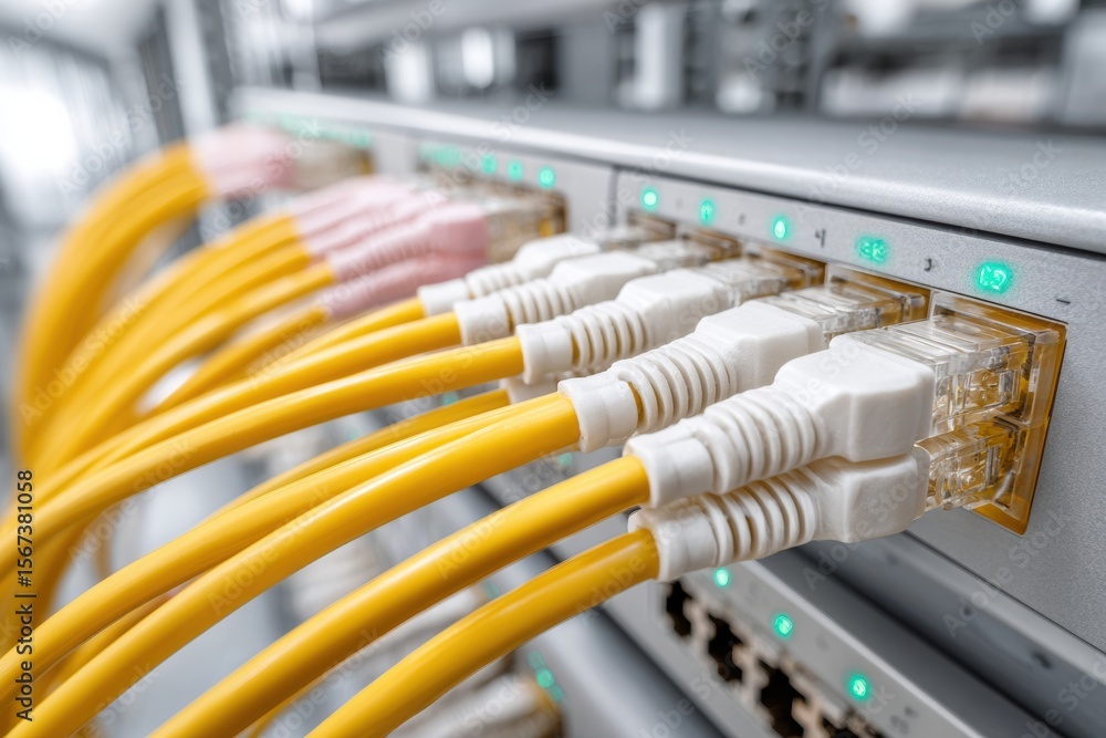 Poster high-quality fiber optic cables connected to network server rack modern enterprise tech for professi