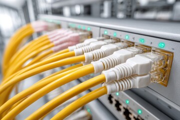 High-Quality Fiber Optic Cables Connected to Network Server Rack Modern Enterprise Tech for Professional Marketing and Digital Communication Campaigns
