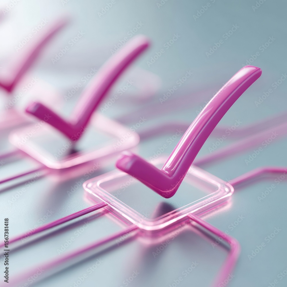 Aufkleber Futuristic Glowing Pink Checkmarks on Circuit Board Representing Secure Digital Verification and Successful Data Processing for Tech Innovation