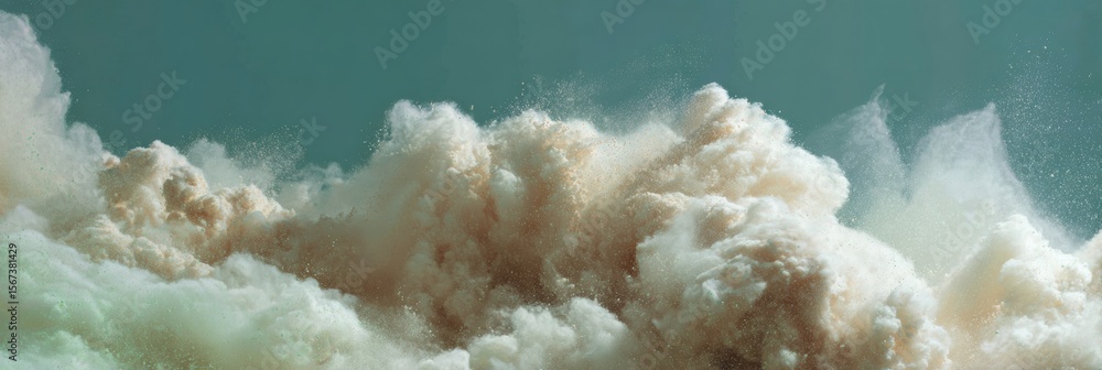 Poster abstract powder explosion in fine particles with clean splash arc on dark background for dynamic cos
