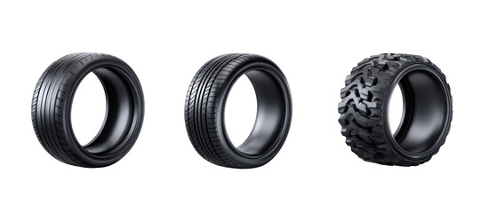 Three distinct tire designs showcasing various tread patterns against a black background
