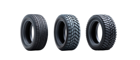 Three distinct tire designs showcasing tread patterns and rubber textures for automotive use