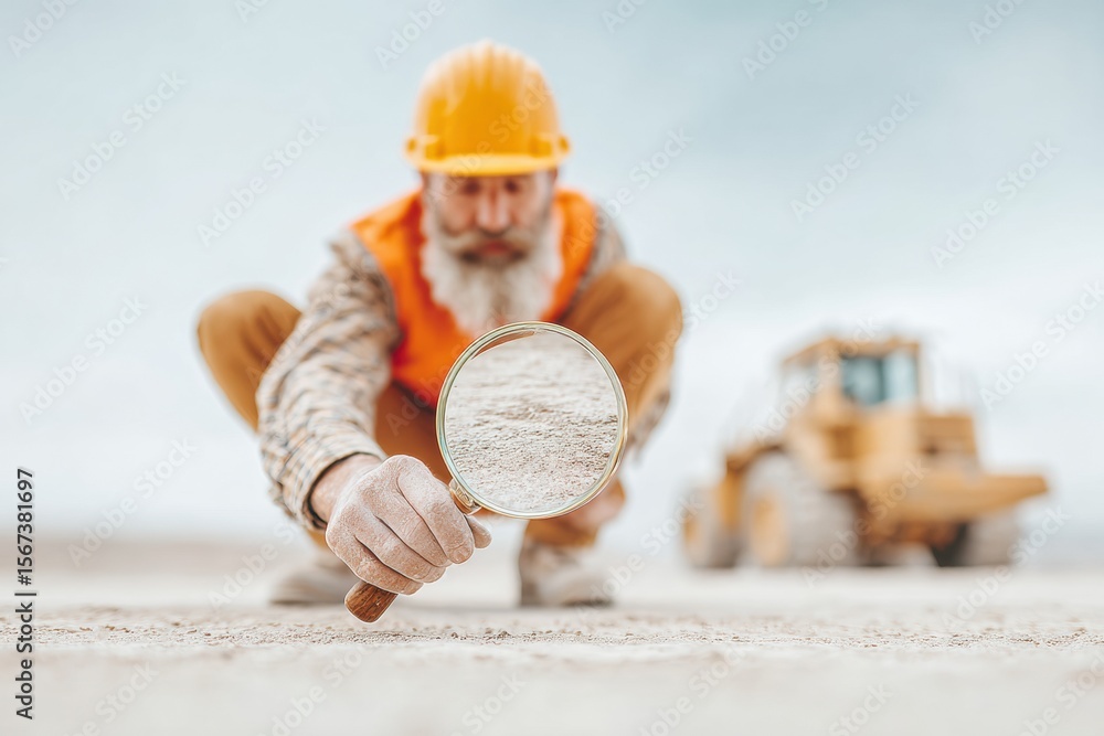 Poster professional geotechnical engineer inspecting soil sample for stability assessment authentic constru
