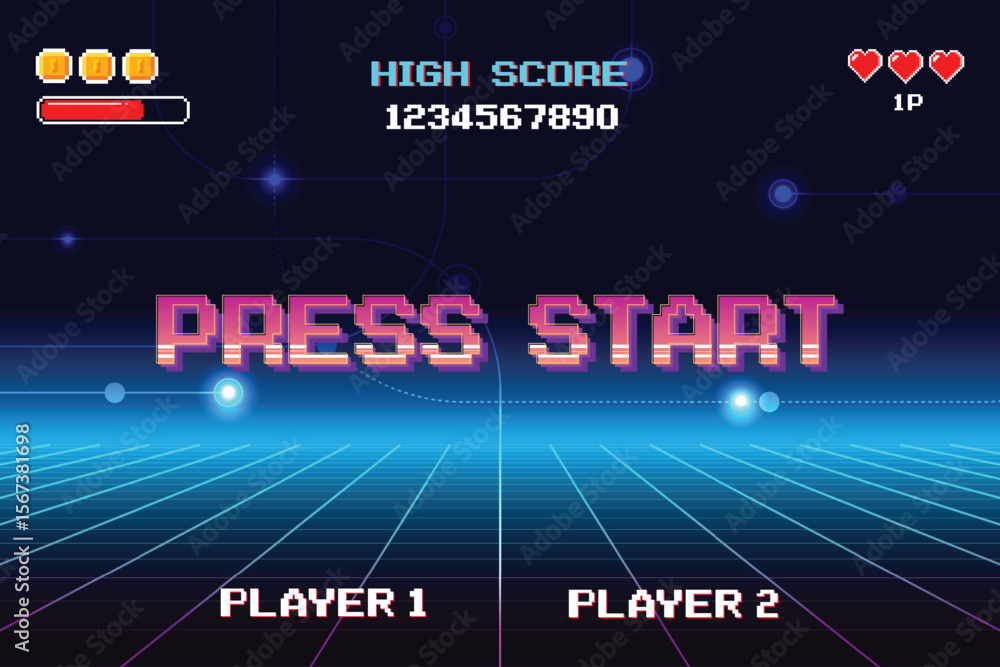 Poster press start insert a coin to continue. pixel art .8 bit game. retro game. for game assets. retro fut