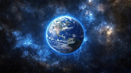 Earth floating in space with glowing blue atmosphere