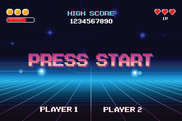 PRESS START INSERT A COIN TO CONTINUE. pixel art .8 bit game. retro game. for game assets. Retro Futurism Sci-Fi Background. glowing neon grid and stars from vintage arcade computer games