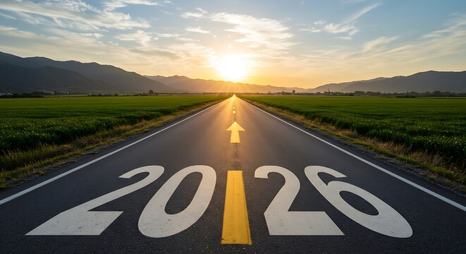 The tranquil yet inspiring atmosphere of a long road leading into a bright future, highlighted by the year "2026," beautifully captures the essence of new beginnings, remote work possibilities, and th