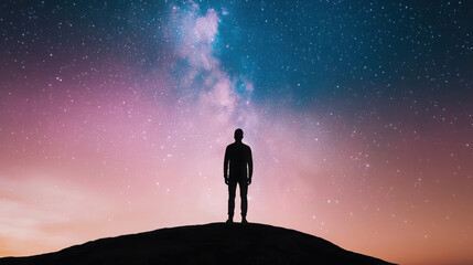Silhouetted Figure Contemplating the Vast Milky Way Sky with Twinkling Stars and Vibrant Cosmic Colors at Dusk on a Rocky Horizon