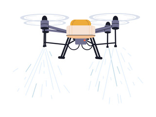 Flat vector illustration of drone for spraying pesticides, water, and fertilizers on crops isolated on white background. Future farm agriculture concept