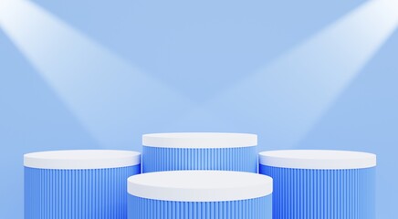 Blue and white podium with neon lights for displaying cosmetic products, fashion, spa, beauty cream, lotion. 3d illustration.