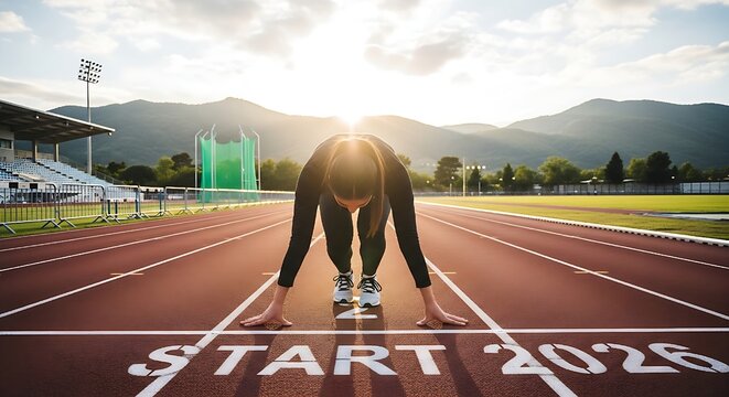 This inspiring image captures a female athlete in a starting position at the "START 2026" mark on a track, symbolizing the commencement of a significant journey towards innovation and sustainable goal