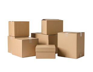 Stack of various sized cardboard moving boxes sealed with tape on a gray background