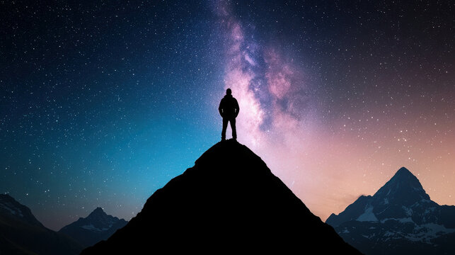 Majestic Mountain Peak Under Starry Sky with Silhouette of Adventurer Gazing at Milky Way in Vibrant Twilight Colors